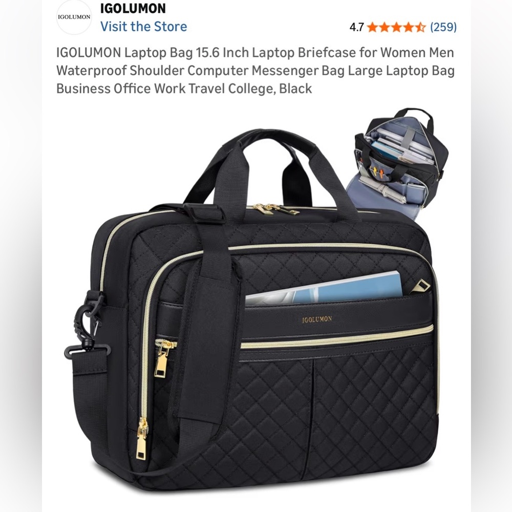 Black Quilted 15.6" Laptop Bag for Women